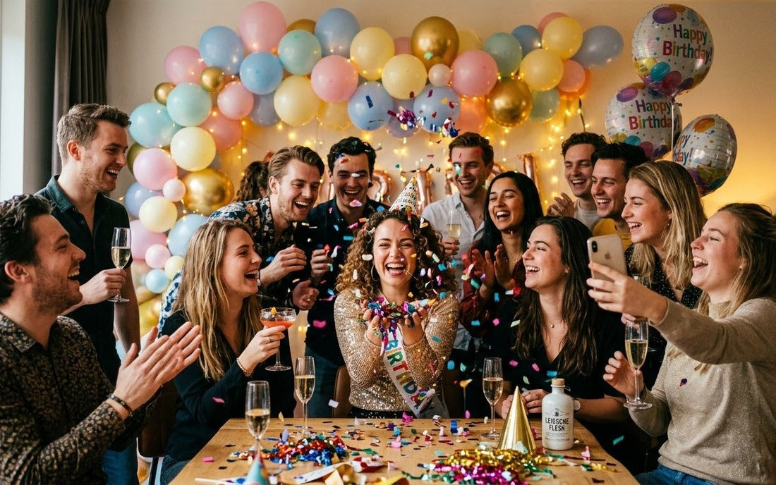 groep vrienden viert verjaardag met confetti en ballonnen - photobooth ideeën