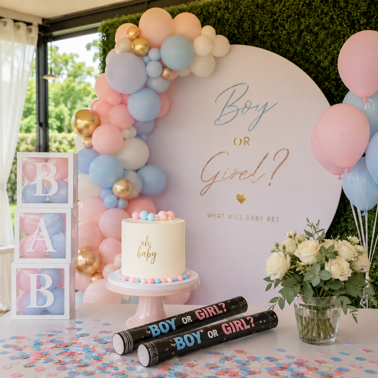 Sfeervolle babyshower en gender reveal decoratie met roze en blauwe ballonnen, taart en feestelijke aankleding, perfect voor unieke fotobooth foto’s en blijvende herinneringen.