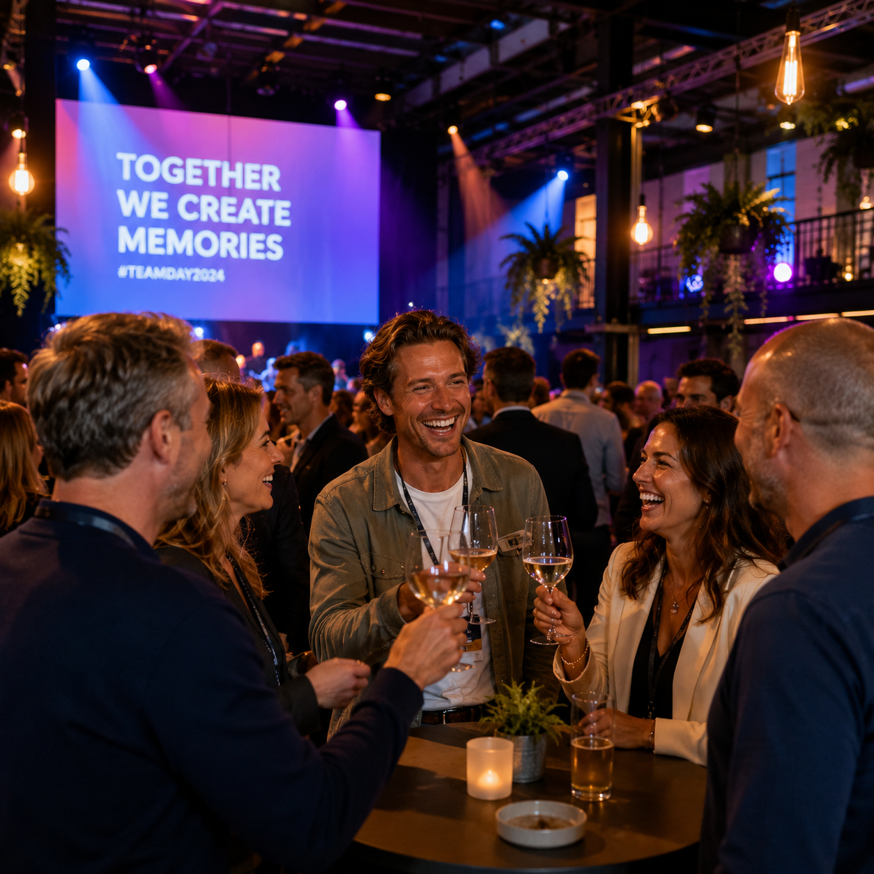 collega’s die samen proosten en lachen tijdens een sfeervol bedrijfsevenement in een moderne eventlocatie.