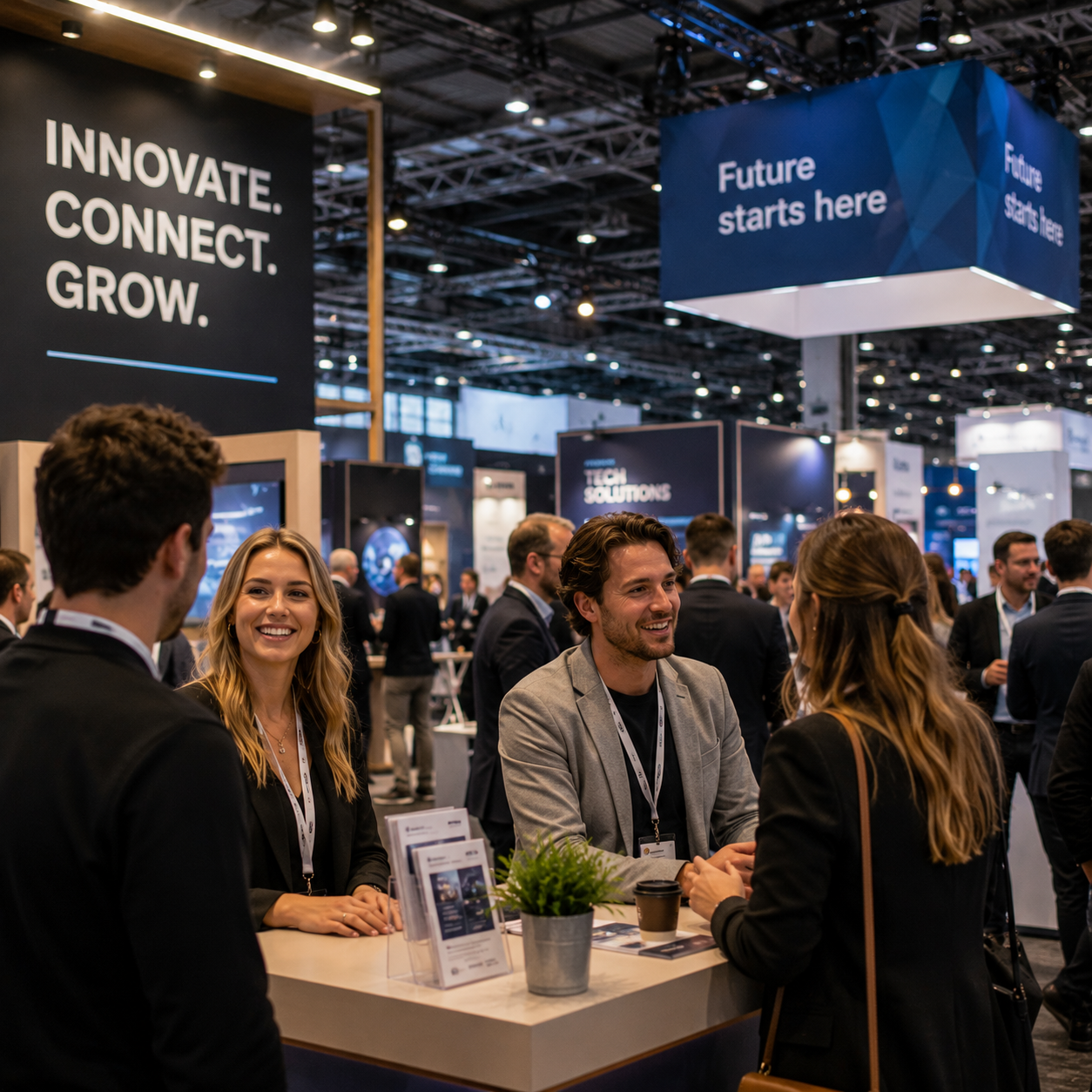 Drukke beursvloer met professionele stands, netwerkende bezoekers en zakelijke aankleding, ideaal voor een fotobooth op beurzen, congressen en bedrijfsevents.