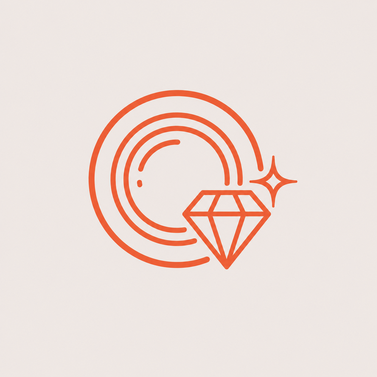 Minimalistisch oranje icoon van een cameralens met een glanzende diamant, als symbool voor haarscherpe foto’s en prints van topkwaliteit.