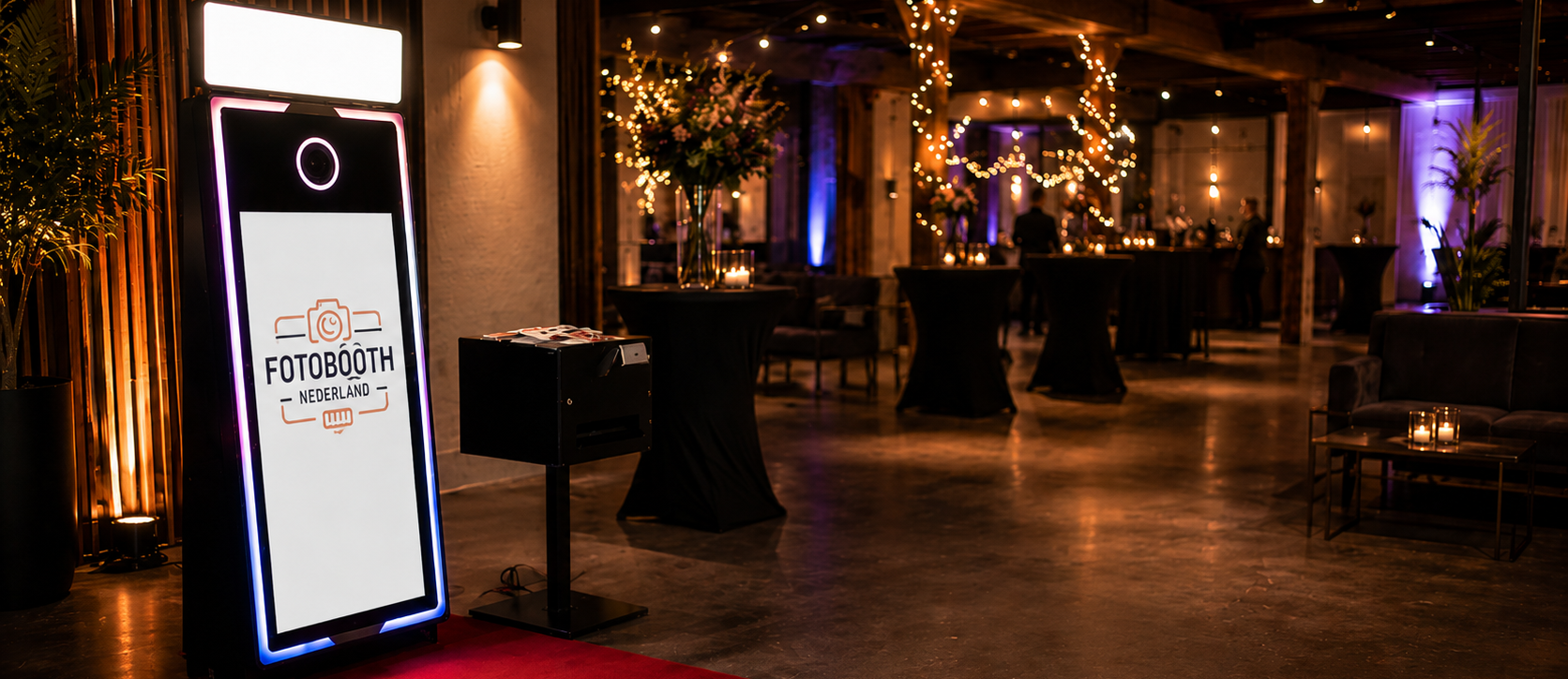Luxe spiegel fotobooth van Fotobooth Nederland opgesteld op een sfeervolle eventlocatie met rode loper, warme verlichting en professionele aankleding.