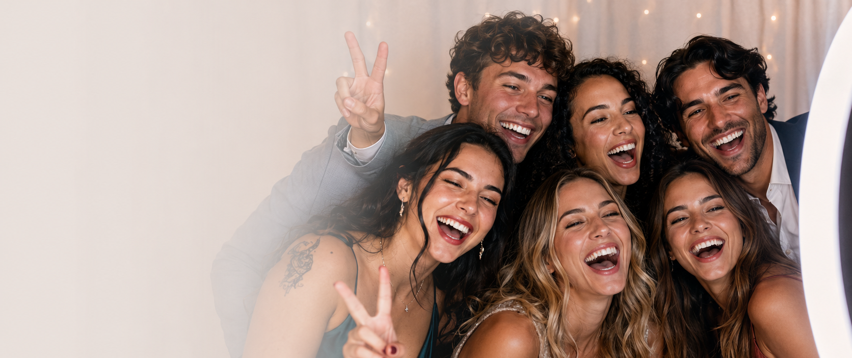Groep lachende gasten poseert bij een fotobooth op een feest, ideaal voor spontane foto’s, onbeperkt printen en blijvende herinneringen.