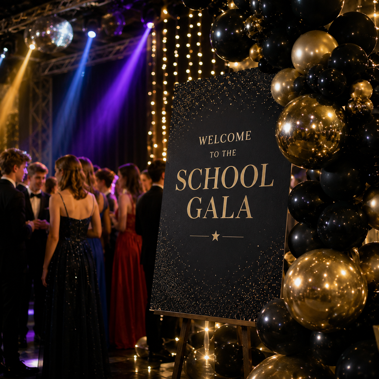 Sfeervol schoolfeest of gala met chique aankleding, ballonnen en feestverlichting, perfect voor leuke fotobooth foto’s en blijvende herinneringen.