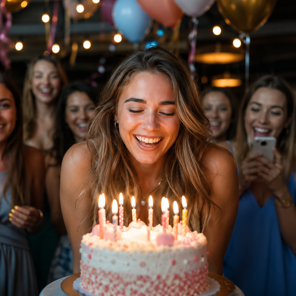 een jarige die lachend kaarsjes uitblaast op een verjaardagstaart, omringd door vrienden, ballonnen en feestelijke verlichting.