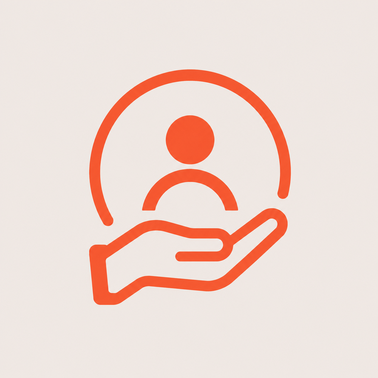 Minimalistisch oranje icoon van een hand die een persoon ondersteunt, als symbool voor volledige ontzorging en zorgeloze service.
