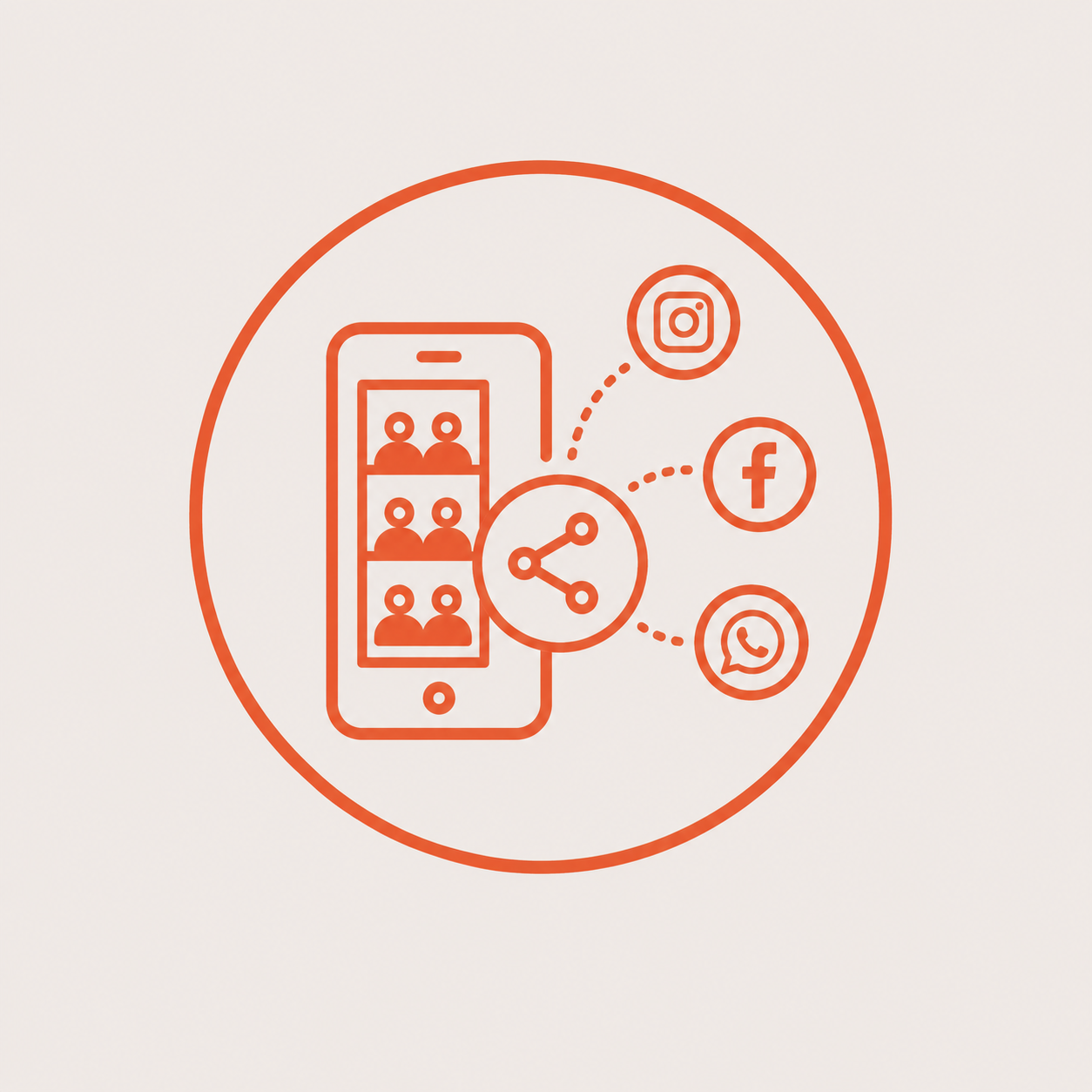 Minimalistisch oranje icoon van een smartphone met fotostrip en deel-symbool, als symbool voor het direct online delen van fotobooth-foto’s.