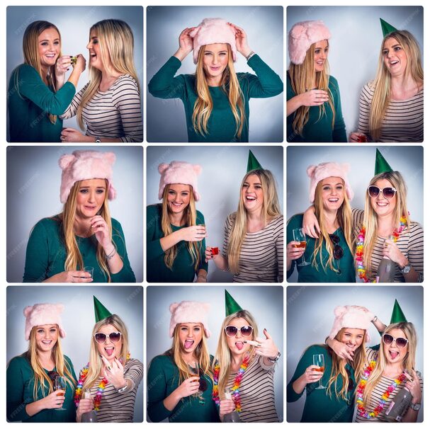 Photobooth huren voor feest: vrolijke collage met twee vrouwen die lachen, poseren en props gebruiken.