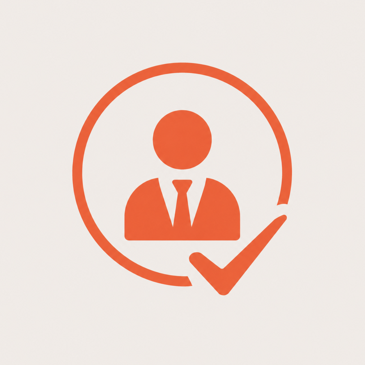 Minimalistisch icoon van een professionele medewerker met vinkje in oranje huisstijl, als symbool voor betrouwbare en professionele service.